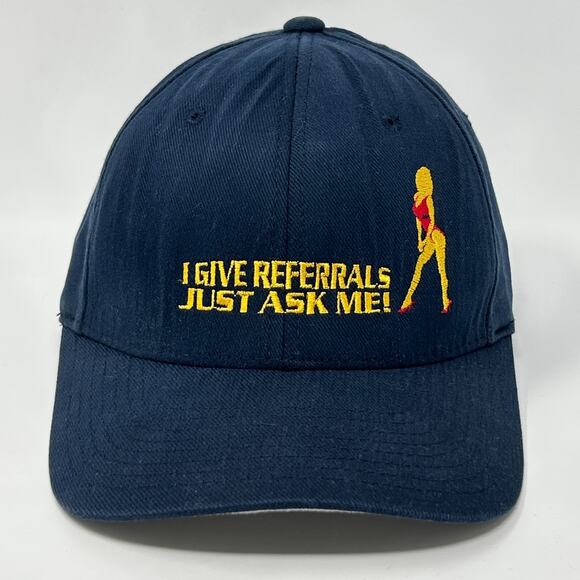 Vintage Y2Ks I Give Referrals Strip Club Hat Cap FlexFit S-M Blue Stripper Funny - Picture 10 of 10